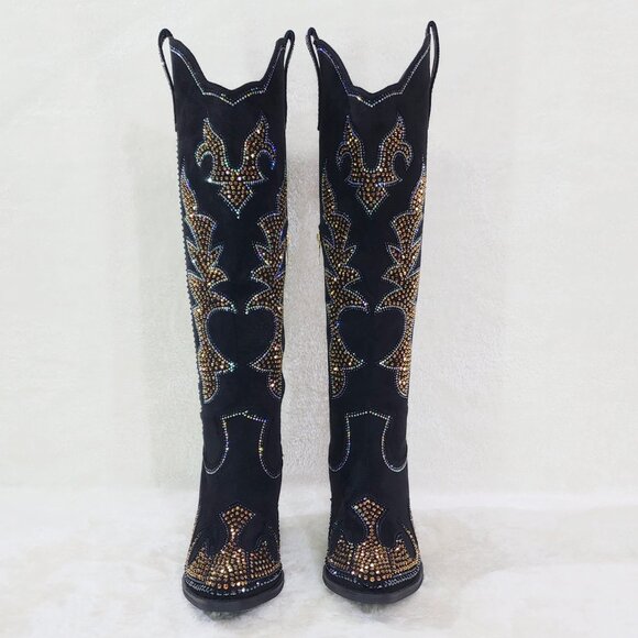 Sparks Country Western Cowgirl Knee Boots Dazzleing Iridescent Rhinestones Black - Picture 11 of 16